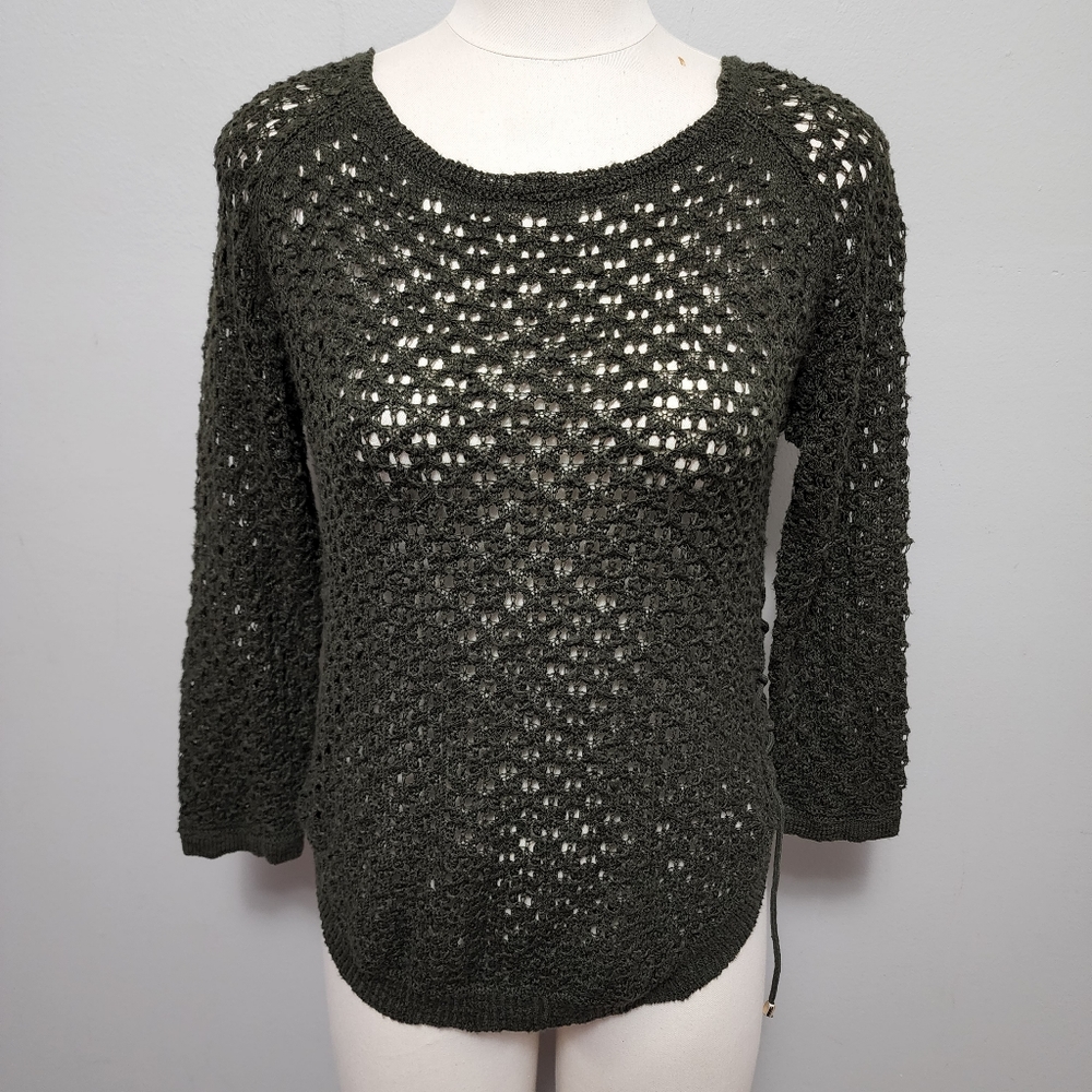 Esperanza olive open weave lace up sweater size medium